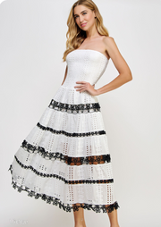 HEAT WAVE EYELET STRAPLESS MAXI DRESS - WHITE & BLACK TRIM