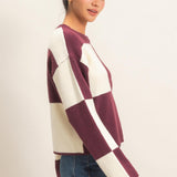 STYLE CHECK BURGUNDY LONG SLEEVE SWEATER