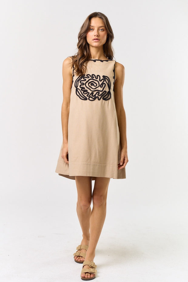 WALK IN PARADISE EMBROIDERED TAUPE DRESS