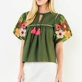 BETTER DAYS AHEAD OLIVE EMROIDERED PUFF SLEEVE TOP