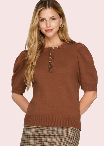 LIKE CLOCKWORK RUFFLED CINNAMON SWEATER