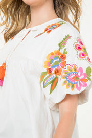 NO MORE CLOUDY SKIES FLORAL EMBROIDERED PUFF SLEEVE TOP