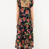 HARVEST STROLL BLACK FLORAL MIDI DRESS