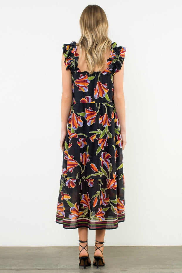 HARVEST STROLL BLACK FLORAL MIDI DRESS