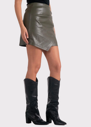 OLIVACEOUS ASYMMETRICAL FAUX LEATHER SKIRT