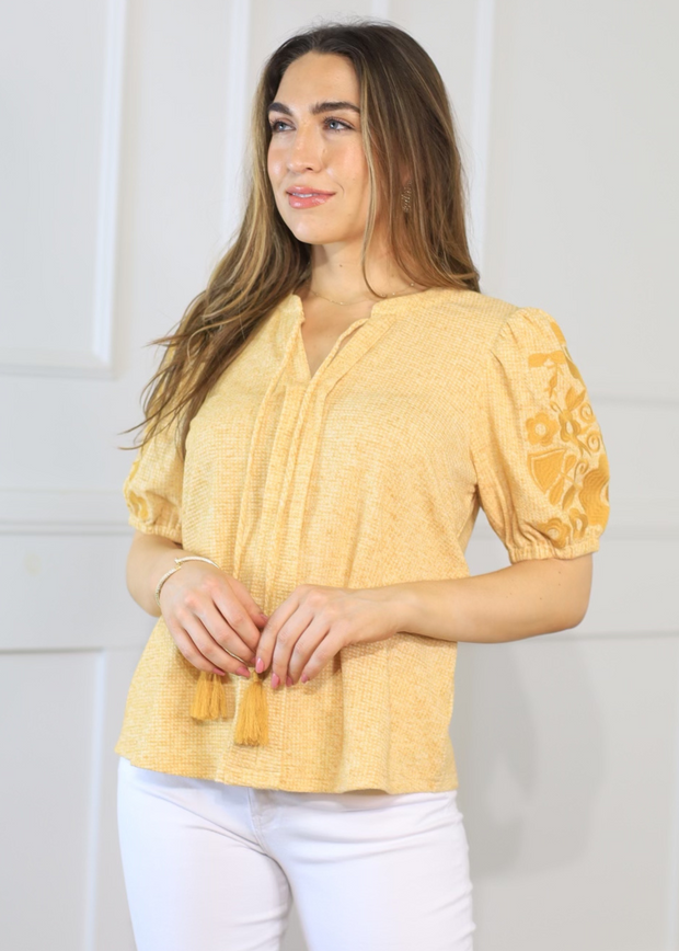 HELLO THERE MUSTARD EMBROIDERY SLEEVE TOP