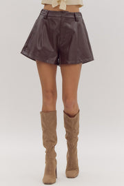 CITY STREETS FAUX LEATHER SHORTS - BROWN