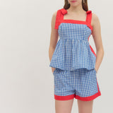 MISS USA BLUE GINGHAM PEPLUM TOP