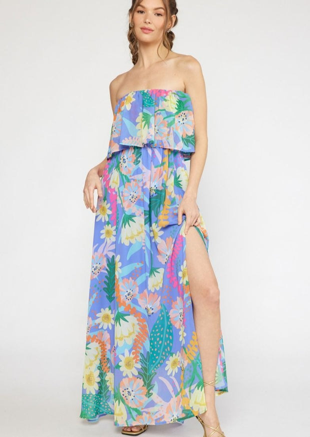 HEART OF PARADISE STRAPLESS FLORAL MAXI DRESS