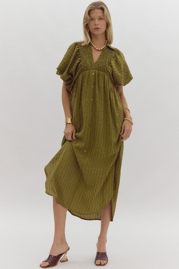 BLESSED LIFE OLIVE SMOCKED MIDI DRESS