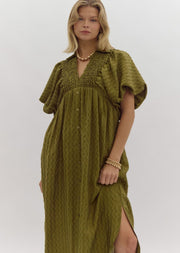 BLESSED LIFE OLIVE SMOCKED MIDI DRESS