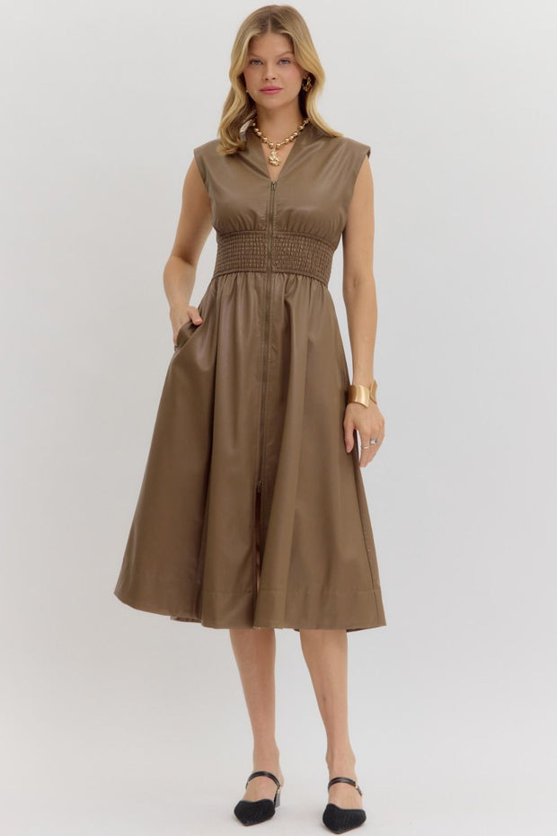 MAKE IT COUNT MOCHA FAUX LEATHER DRESS