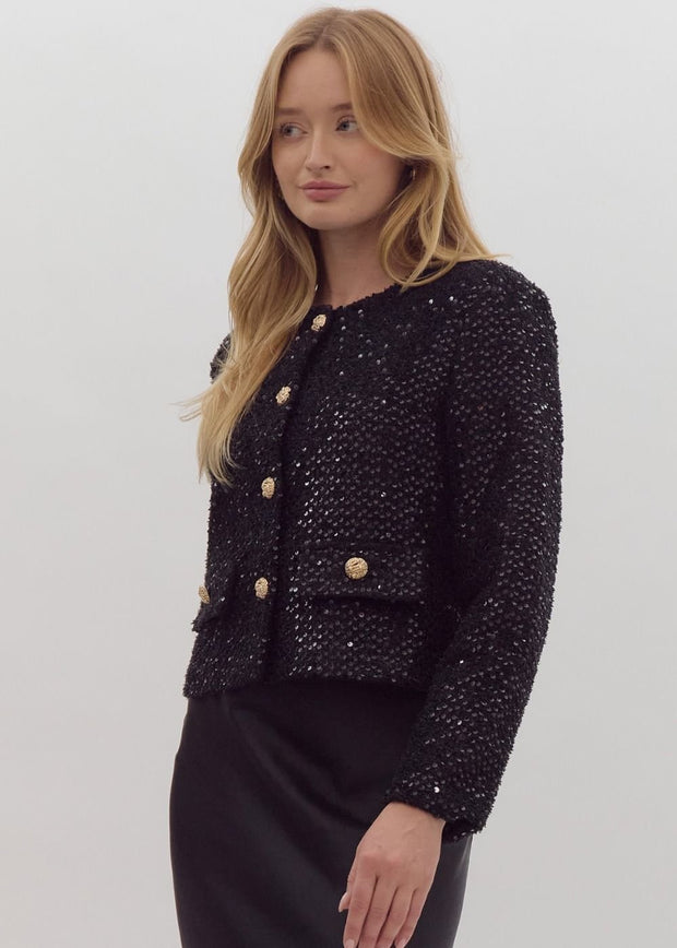 SIMPLY CLASSY BLACK SEQUIN CROPPED JACKET