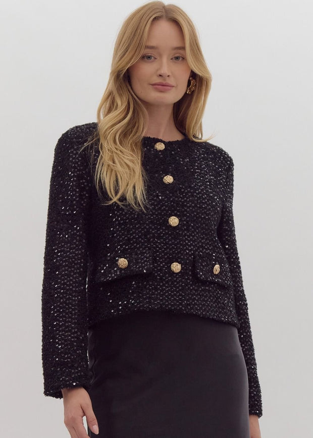 SIMPLY CLASSY BLACK SEQUIN CROPPED JACKET