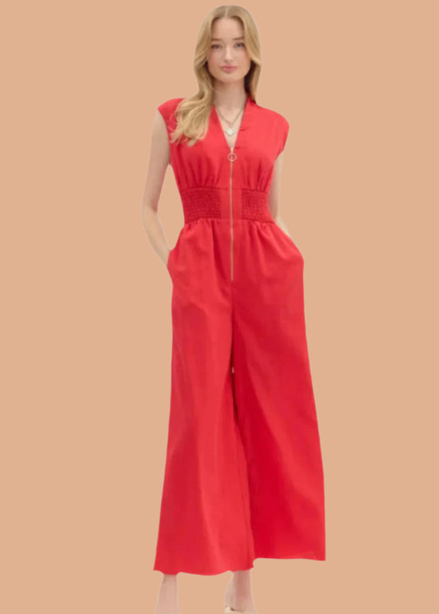 MANHATTAN ROMANCE SMOCKED RED JUMPSUIT