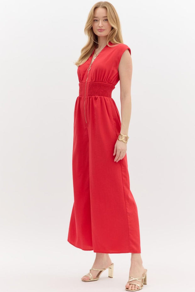 MANHATTAN ROMANCE SMOCKED RED JUMPSUIT