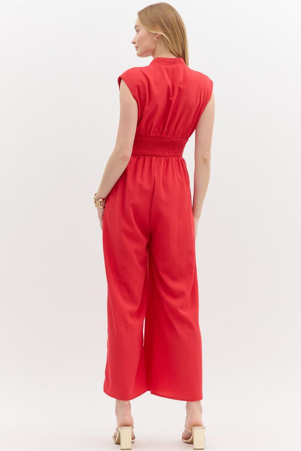 MANHATTAN ROMANCE SMOCKED RED JUMPSUIT