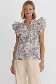 SWEETEST LOVE BLUE & WHITE TOILE FLUTTER SLEEVE TOP - PLUS SIZES