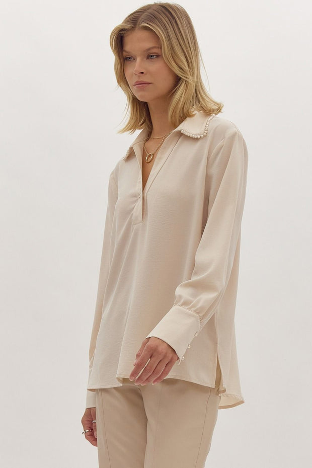 NATURAL GRACE PEARL DETAIL CREAM BLOUSE