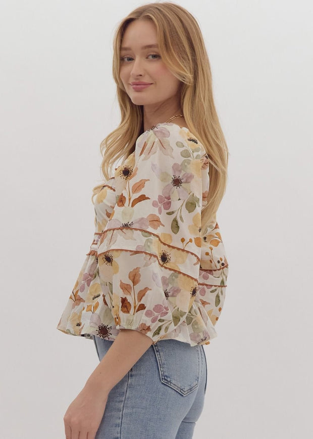 FALL SPLENDOR FLORAL PRINT PEPLUM TOP