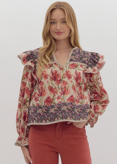 ENDEARING ELEGANCE MIXED PRINT BLOUSE