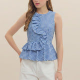PICNIC PERFECT GINGHAM SLEEVELESS RUFFLE TOP