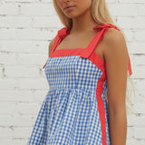 MISS USA BLUE GINGHAM PEPLUM TOP
