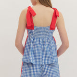 MISS USA BLUE GINGHAM PEPLUM TOP