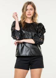 EXCEPTIONAL DETAIL EYELET SLEEVE FAUX LEATHER TOP