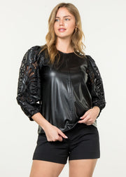 EXCEPTIONAL DETAIL EYELET SLEEVE FAUX LEATHER TOP