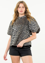 FIERCELY YOURS GREY LEOPARD PUFF SLEEVE TOP