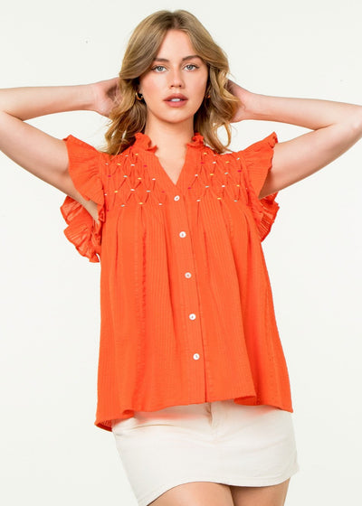 TANGY BLOSSOM EMBROIDERED ORANGE RED TOP