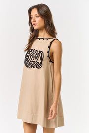 WALK IN PARADISE EMBROIDERED TAUPE DRESS