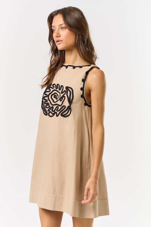 WALK IN PARADISE EMBROIDERED TAUPE DRESS
