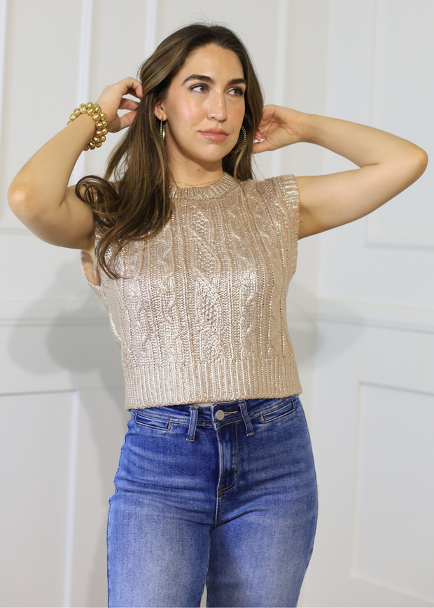 ARMS WIDE OPEN METALLIC GOLD SWEATER