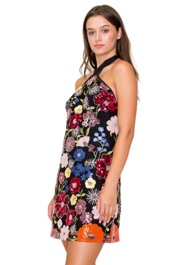 GET UP AND GLOW FLORAL HALTER DRESS