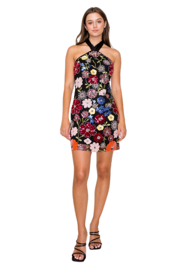 GET UP AND GLOW FLORAL HALTER DRESS