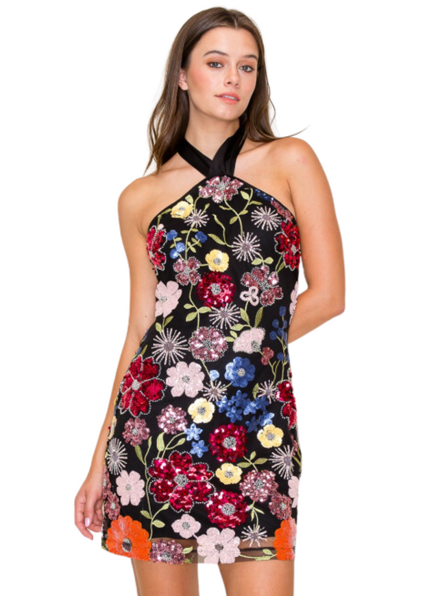 GET UP AND GLOW FLORAL HALTER DRESS