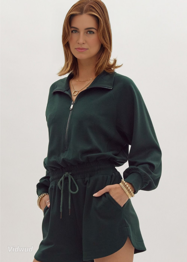 EVERYDAY APPEAL HUNTER GREEN LONG SLEEVE ROMPER