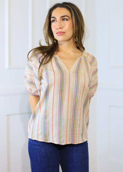 IVY JANE:  PRIMARY STRIPED EMBROIDERED TOP