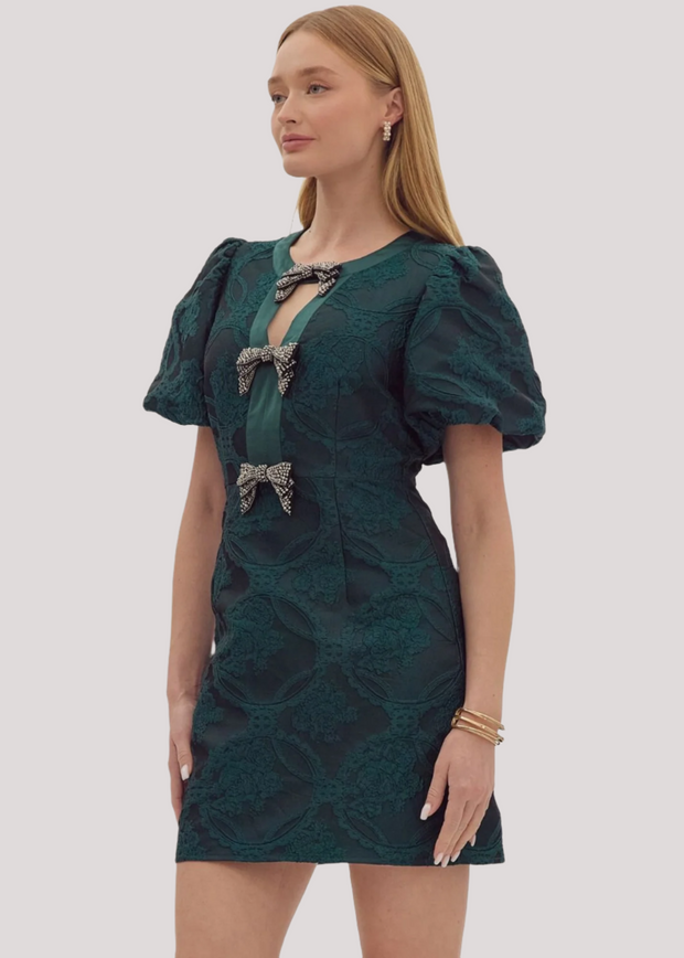 WRAP ME UP HUNTER GREEN JACQUARD DRESS