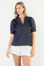 MIDTOWN MUSE PUFF SLEEVE DENIM TOP