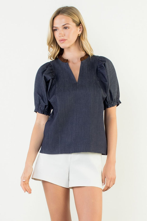 MIDTOWN MUSE PUFF SLEEVE DENIM TOP