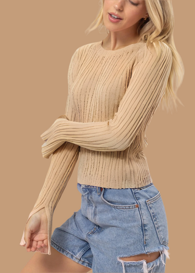 COMFORTABLE CHARM KHAKI RIBBED SWEATER TOP