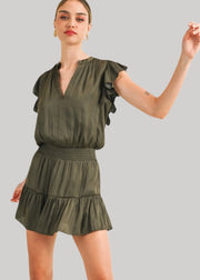 KIKI V NECK OLIVE RUFFLE ROMPER