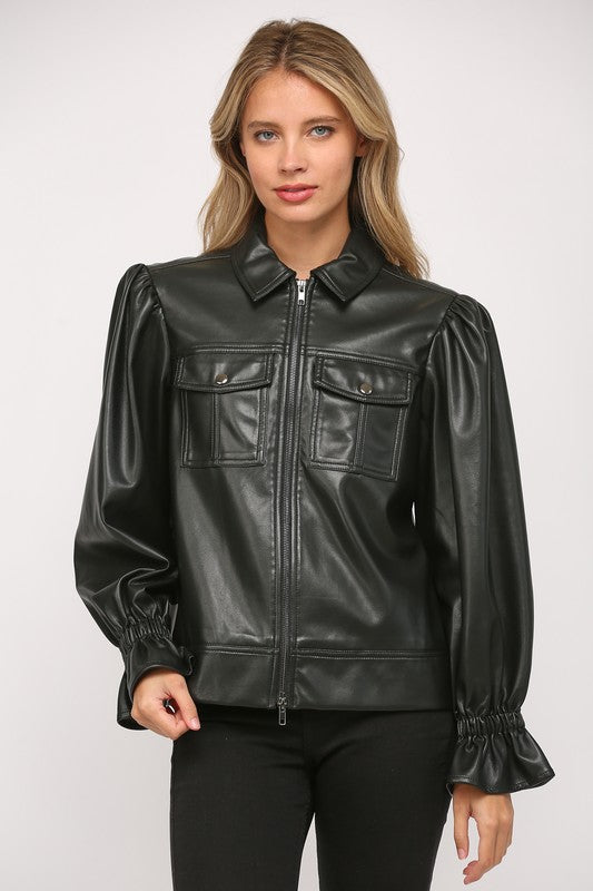 HEADLINER PUFF SLEEVE FAUX LEATHER JACKET