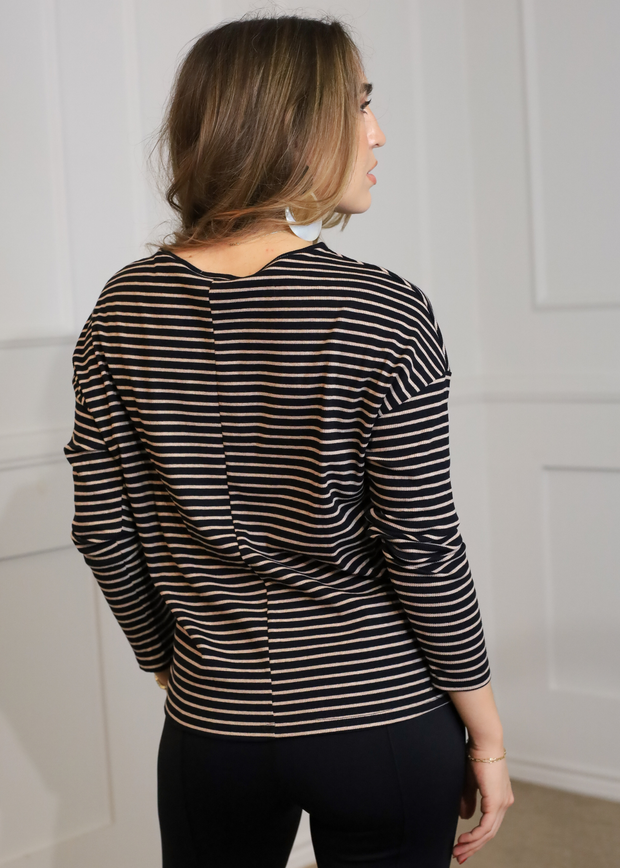 BASICS VERLA BLACK AND TAUPE RIBBED STRIPED LONG SLEEVE TOP