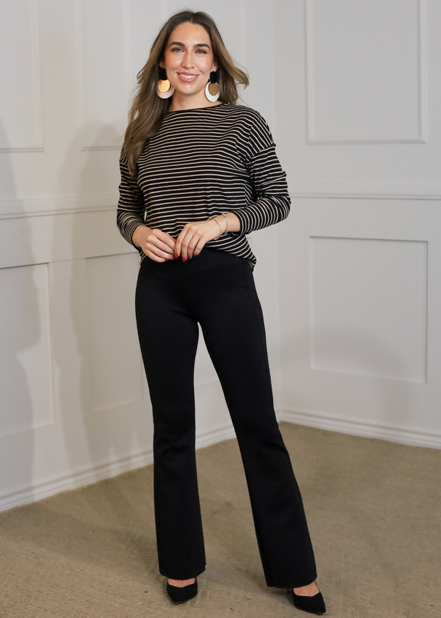 BASICS VERLA BLACK AND TAUPE RIBBED STRIPED LONG SLEEVE TOP