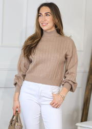 SNUGGLY EXPRESSION BEIGE RIBBED MOCK NECK SWEATER TOP