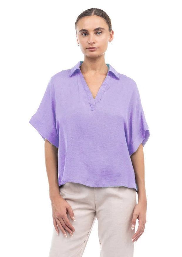 SPICE THINGS UP HIGH LOW LAVENDER SATIN TOP